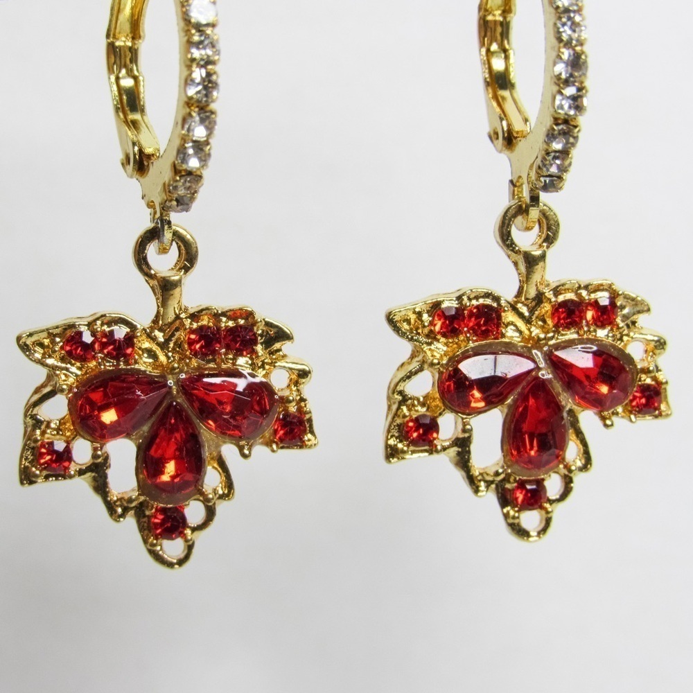 Jeweled Maple Leaf Red Diamond Gold Hoop Dainty Luxury Unique Gift Mini Earrings